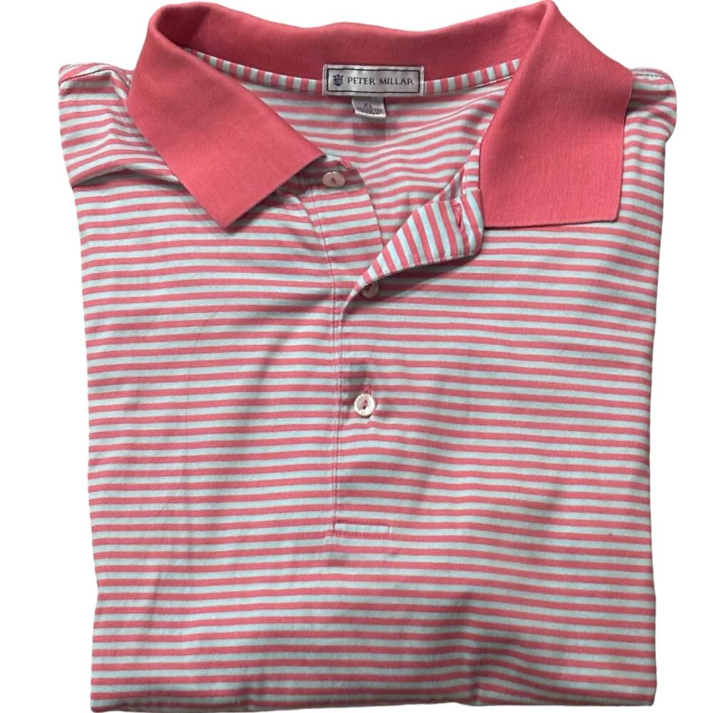 Vintage Peter Millar Salmon Pink & Light Gray Cotton Striped Polo XL CC Logo